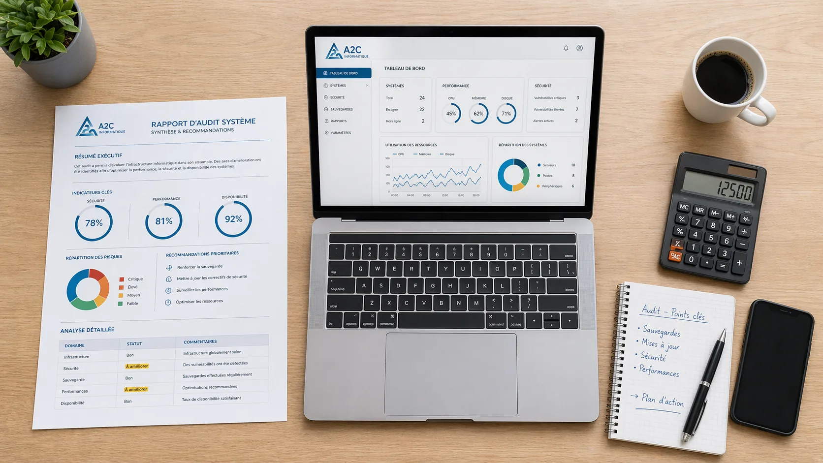 Rapport d'audit système A2C Informatique avec indicateurs de performance et recommandations