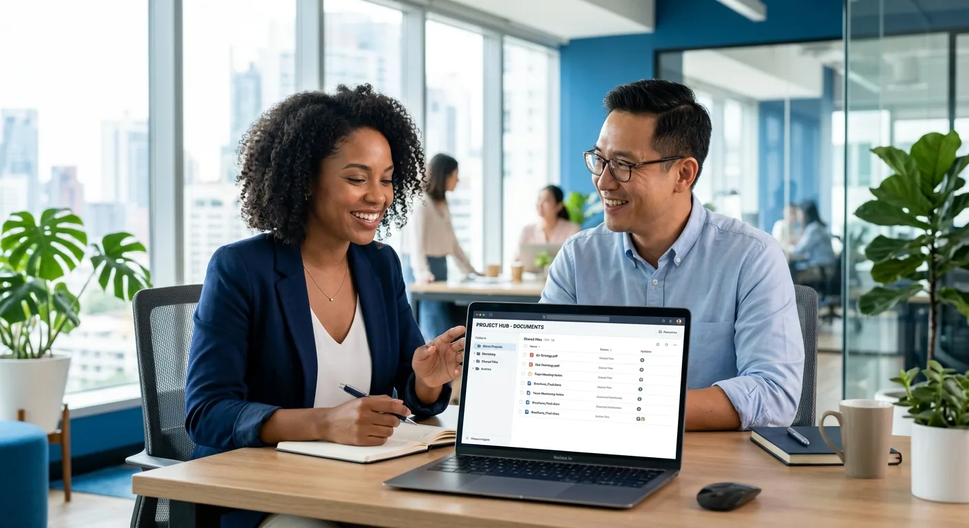 Deux collaborateurs partageant un écran d'application Microsoft 365