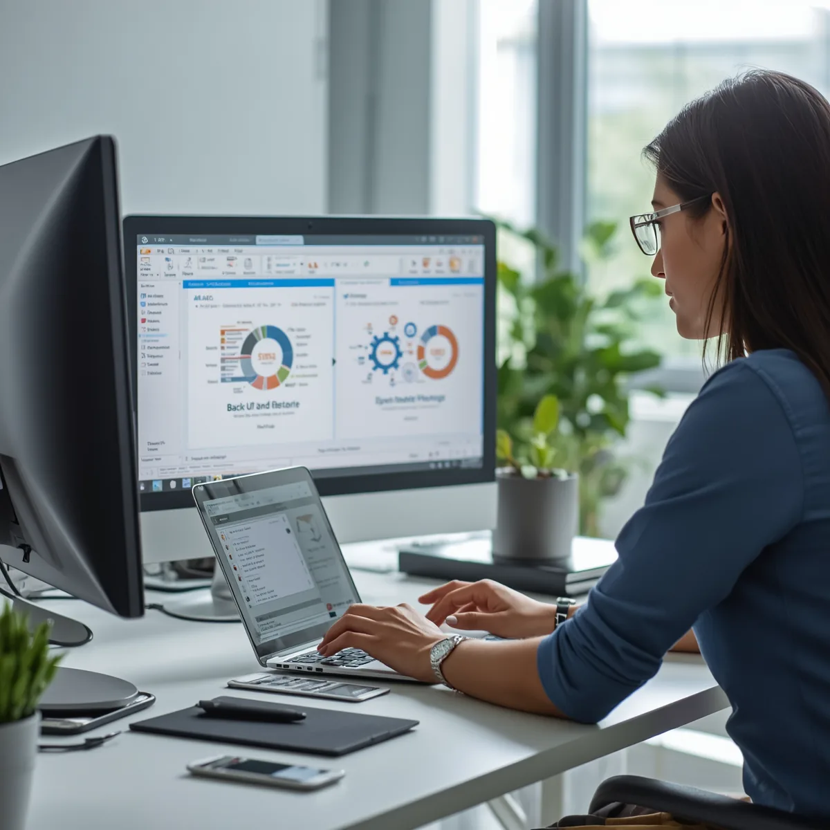 Utilisatrice travaillant sur Excel et tableaux de bord Microsoft 365