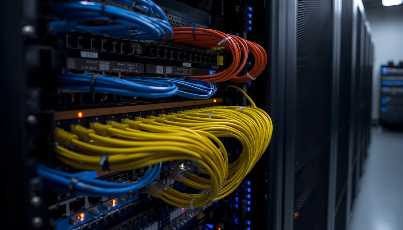 Câblage réseau organisé dans une baie informatique