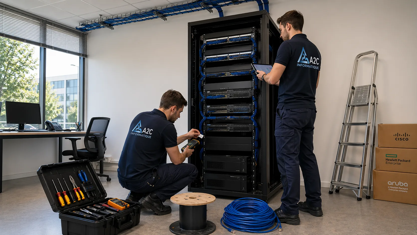Techniciens A2C Informatique installant une baie réseau sur site client