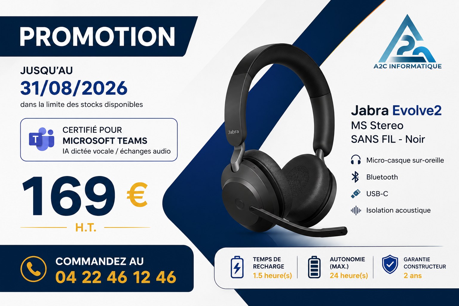 Jabra Evolve2 65 — Casque certifié Microsoft Teams